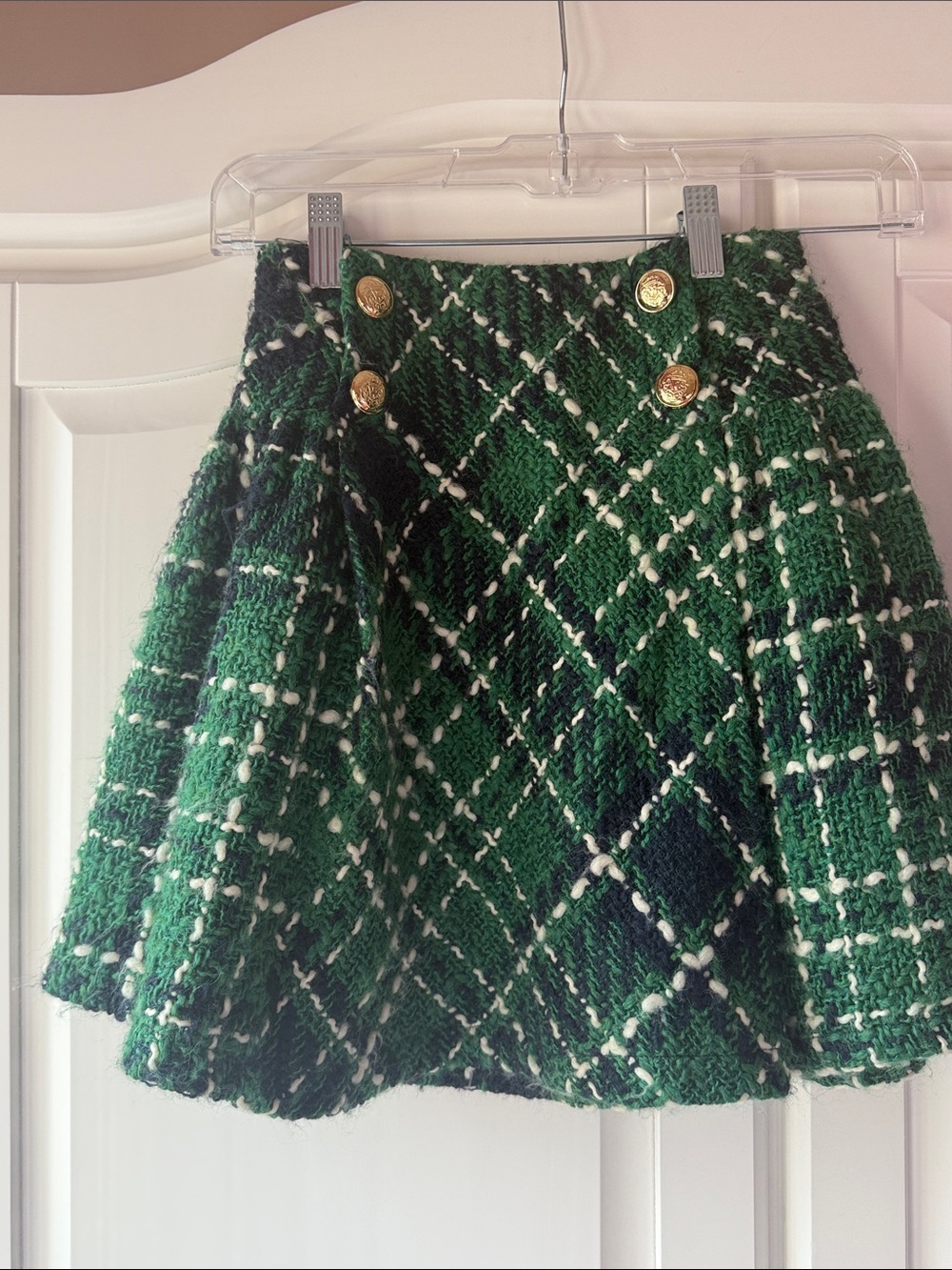 Balloon Chic Green Plaid Tweed Circle Skirt with Gold Buttons